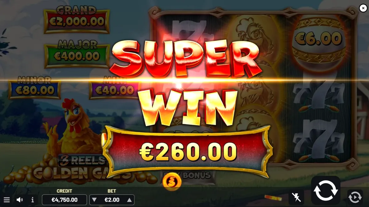 Golden Gal’s 3 Reels slot game interface featuring Goldie the hen