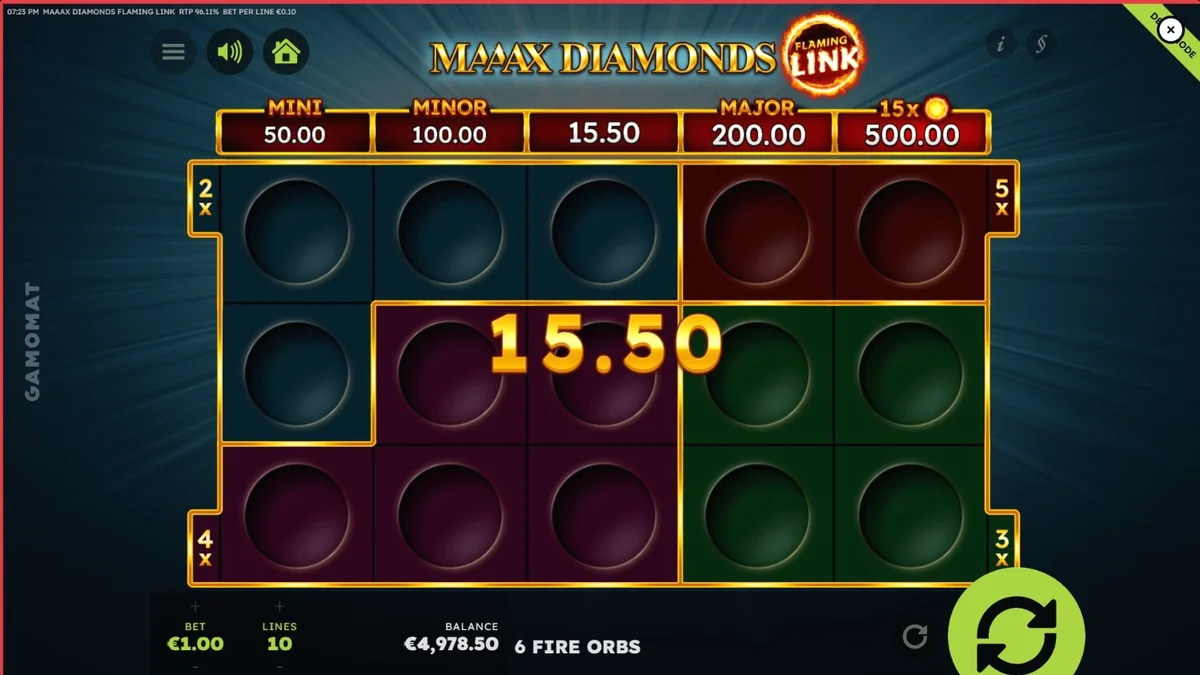 Tampilan visual slot Maaax Diamonds Flaming Link dengan simbol buah klasik dan elemen api