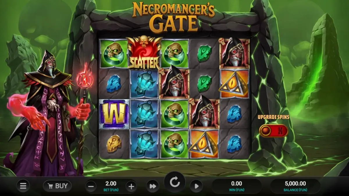 Tampilan visual slot Necromancer’s Gate dengan tema horor gotik