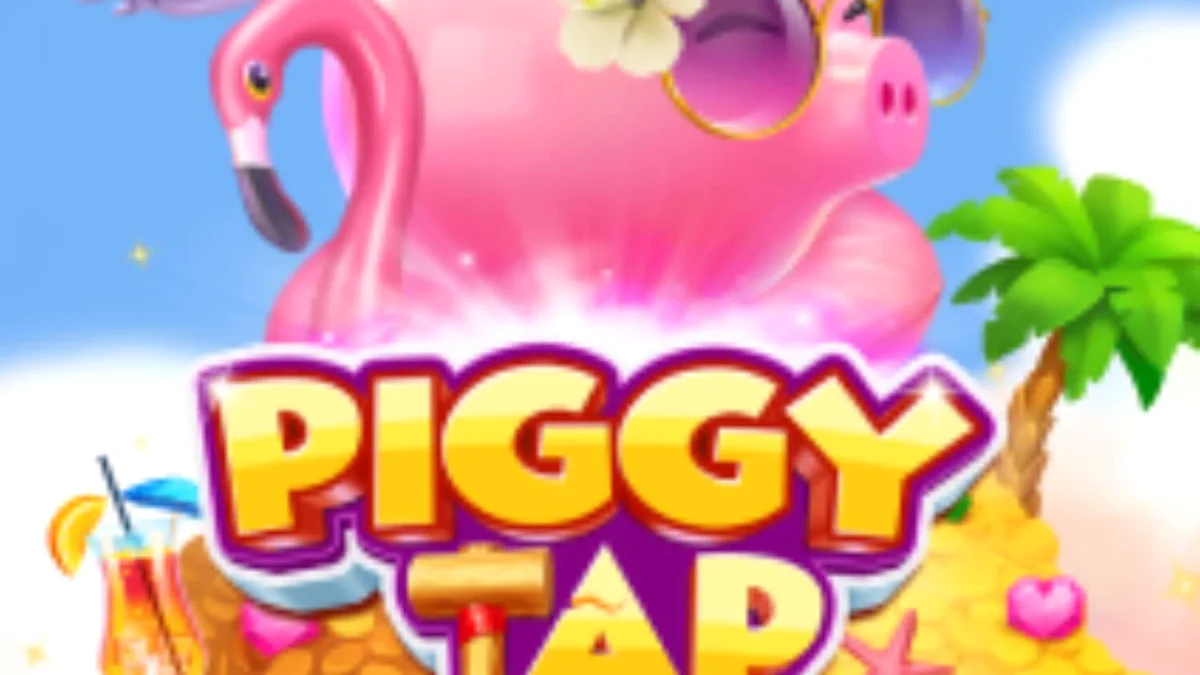 Tampilan visual Piggy Tap dengan babi merah muda di atas pelampung flamingo